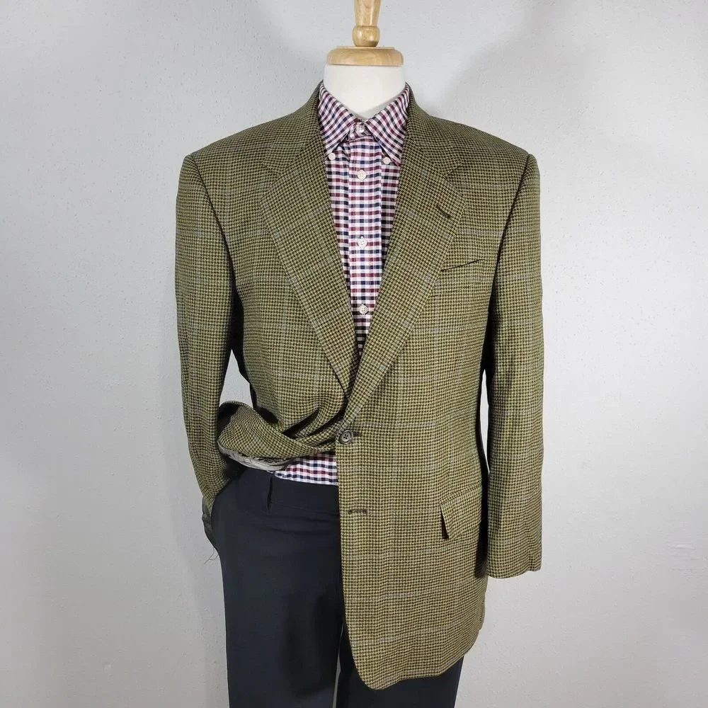 Saks Fifth Avenue KINGSWOOD SPJ Men's Sport Coat‎ Blazer Houndstooth Beige 42R